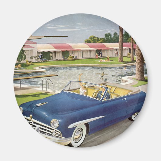 ヴィンテージサマーバケーションコンバーチブルカーアンドモーテル マグネット (正面)