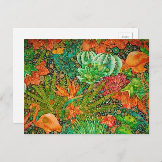 ヴィンテージサマーフラミンゴトロピカルガーデンフローラ ポストカード (正面/裏面)