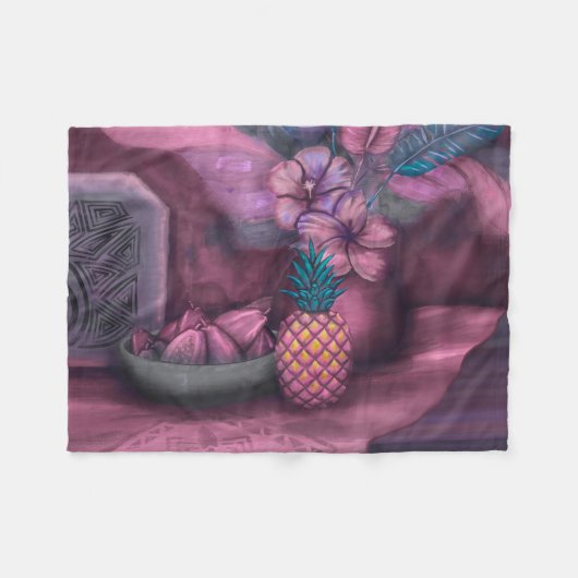 ヴィンテージサモアハワイアンスチルライフファインアート フリースブランケット (正面(横))