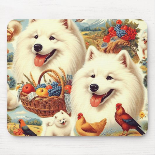 ヴィンテージサモエードドッグイラストレーション マウスパッド (正面)