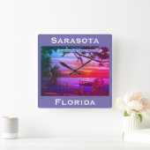 ヴィンテージサラソタ, FLビーチサンセット – メキシコ湾 スクエア壁時計 (ホーム)