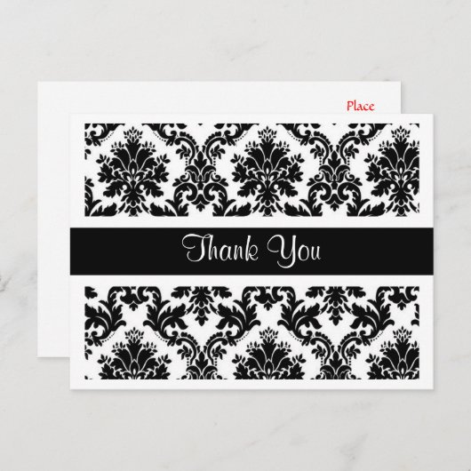 ヴィンテージサンキュー白黒ダマスクフローラ ポストカード (正面/裏面)