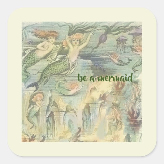 ヴィンテージサンゴとクラゲの人魚航海の スクエアシール (正面)