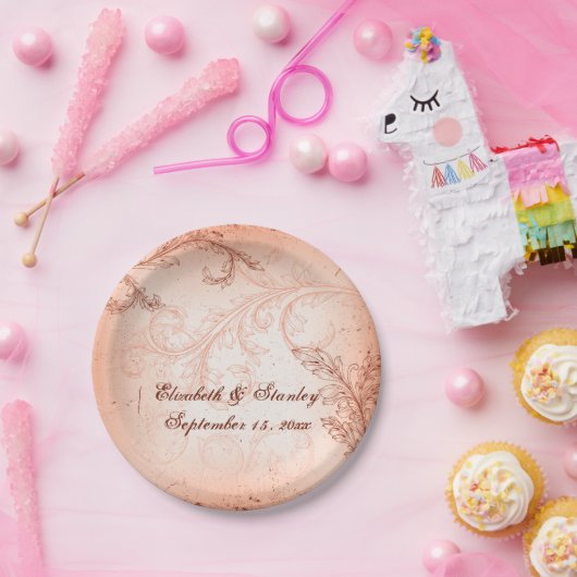 ヴィンテージサンゴ巻葉繁茂秋の結婚式 ペーパープレート (パーティー)