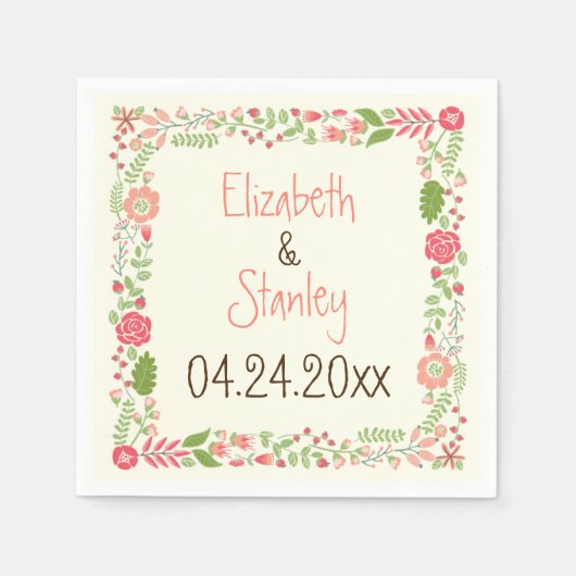 ヴィンテージサンゴ縁どモダン結婚フローラ スタンダードカクテルナプキン (正面)