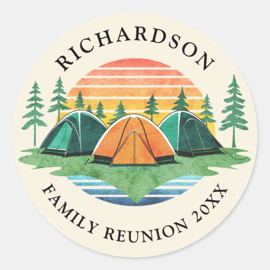 ヴィンテージサンセットキャンパーソナライズされたピングファミリー懇親会 ラウンドシール (正面)