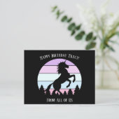 ヴィンテージサンセットユニコーンが立ち上がる名前の日付誕生日 ポストカード (スタンド正面)