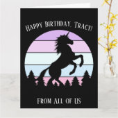 ヴィンテージサンセットユニコーン飼育名日付誕生日 カード (黄色い花)