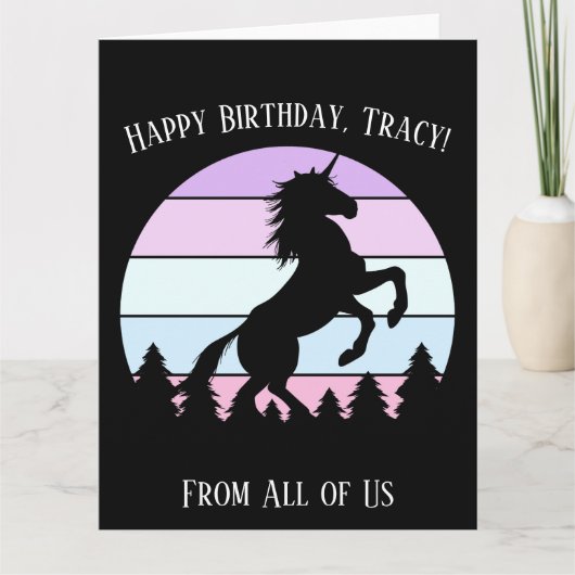 ヴィンテージサンセットユニコーン飼育名日付誕生日 カード (正面)