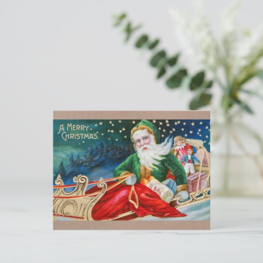 ヴィンテージサンタがそりのメリークリスマス シーズンポストカード (スタンド正面)