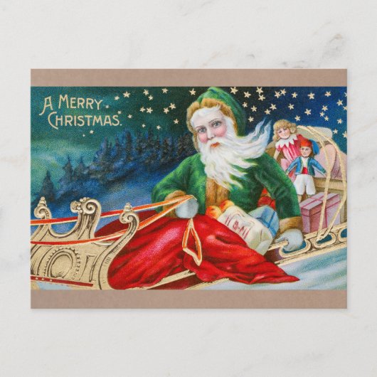 ヴィンテージサンタがそりのメリークリスマス シーズンポストカード (正面)