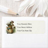 ヴィンテージサンタがクリスマスツリーのおもちゃを届ける ラベル (インサイチュ)