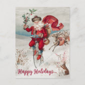 ヴィンテージサンタがトナカイとバニーを連れた自転車に ポストカード (正面)