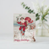 ヴィンテージサンタがトナカイとバニーを連れた自転車に ポストカード (スタンド正面)