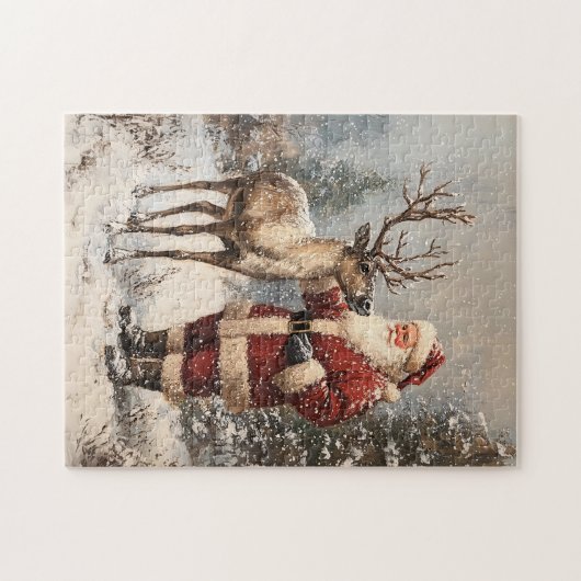 ヴィンテージサンタがトナカイを食絵を描べる ジグソーパズル (横)