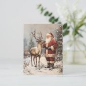 ヴィンテージサンタがトナカイを食絵を描べる ポストカード (スタンド正面)