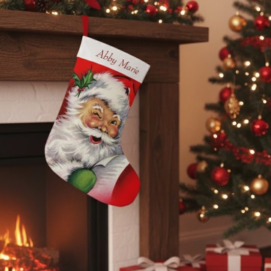 ヴィンテージサンタがリストをチェックパーソナライズされた ラージクリスマスストッキング
