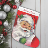 ヴィンテージサンタがリストをチェックパーソナライズされた ラージクリスマスストッキング