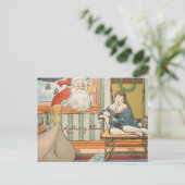 ヴィンテージサンタが子どもの休暇で贈り物をする ポストカード (スタンド正面)