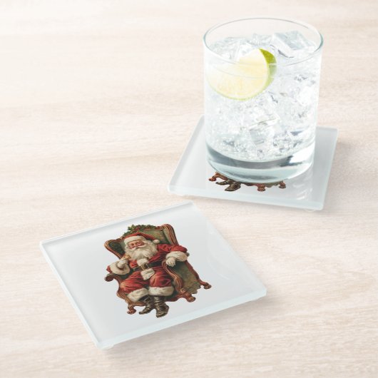 ヴィンテージサンタが心地よい椅子に座るクリスマス ガラスコースター (アングル)