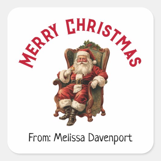 ヴィンテージサンタが心地よい椅子に座るクリスマス スクエアシール (正面)
