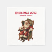 ヴィンテージサンタが心地よい椅子に座るクリスマス スタンダードカクテルナプキン (正面)