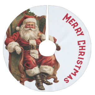 ヴィンテージサンタが心地よい椅子に座るクリスマス ブラッシュドポリエステルツリースカート