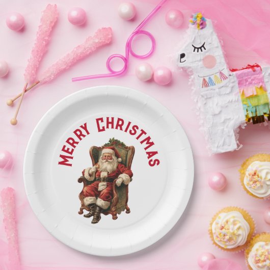 ヴィンテージサンタが心地よい椅子に座るクリスマス ペーパープレート (パーティー)