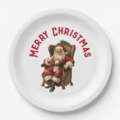 ヴィンテージサンタが心地よい椅子に座るクリスマス ペーパープレート (正面)