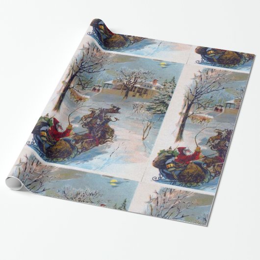ヴィンテージサンタが雪の中を駆け抜ける ラッピングペーパー (アンロールド)