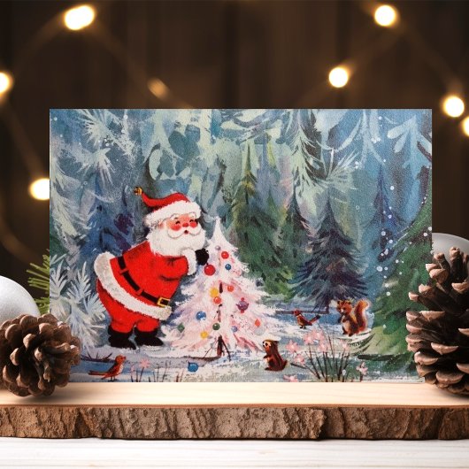 ヴィンテージサンタとウッドランド動物かわいいレトロ シーズンポストカード