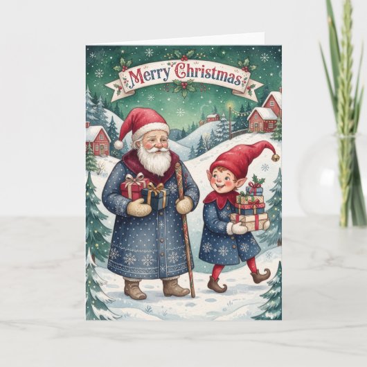ヴィンテージサンタとエルフのクリスマスカード シーズンカード (正面)