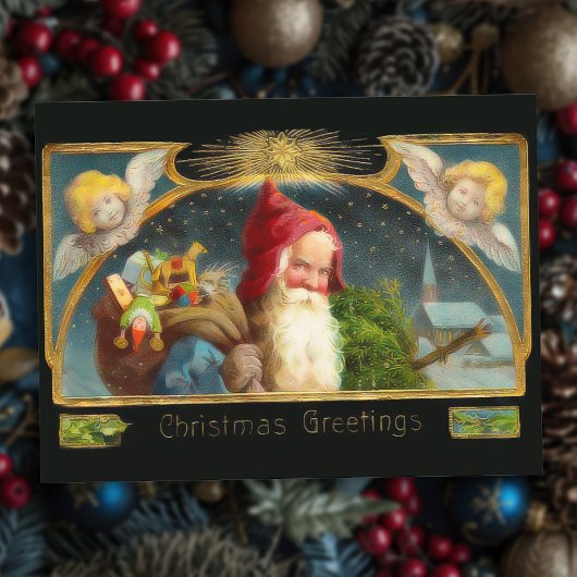 ヴィンテージサンタとエンジェルスのクリスマスポストカード シーズンポストカード