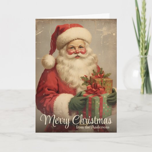 ヴィンテージサンタとギフトパーソナライズされたクリスマス シーズンカード (正面)