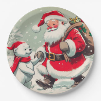 ヴィンテージサンタとクマのクリスマスパーティー用紙皿 ペーパープレート