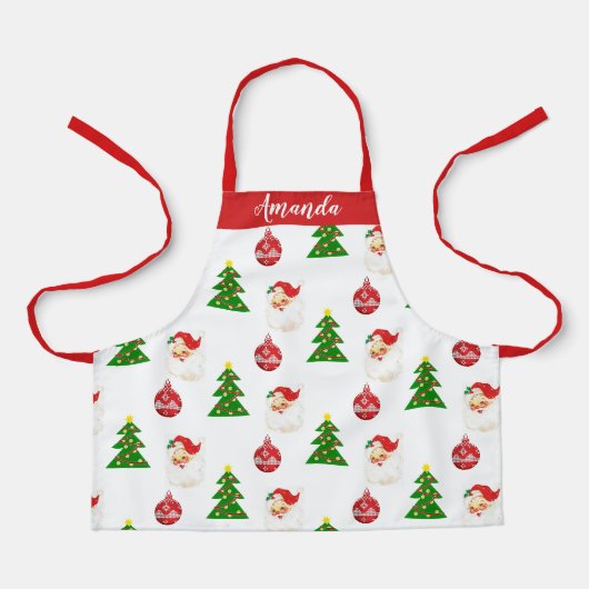 ヴィンテージサンタとクリスマスツリーパターン エプロン (正面)