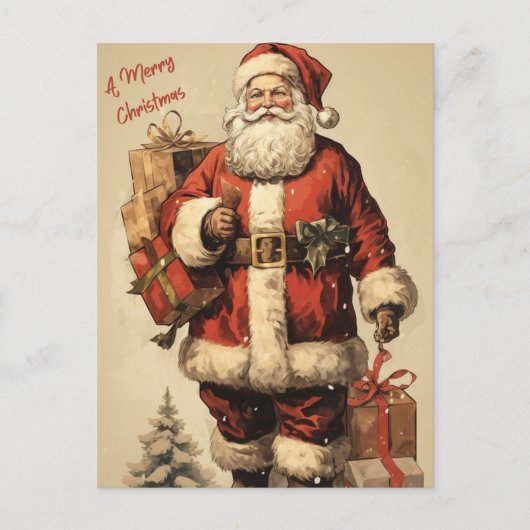 ヴィンテージサンタとクリスマスプレゼント シーズンポストカード (正面)