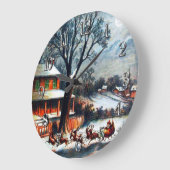 ヴィンテージサンタとトナカイがサンタを訪れる ラージ壁時計 (傾斜)