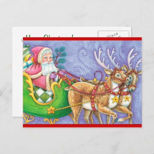 ヴィンテージサンタとトナカイのクリスマス シーズンポストカード (正面/裏面)