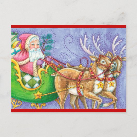 ヴィンテージサンタとトナカイのクリスマス シーズンポストカード (正面)