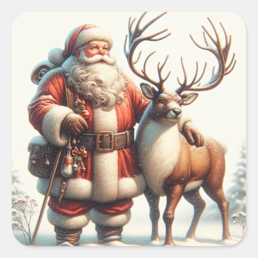 ヴィンテージサンタとトナカイ懐かしいクリスマス スクエアシール (正面)