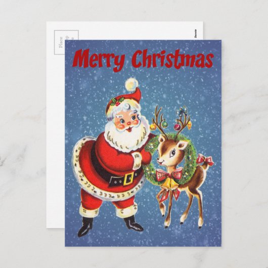 ヴィンテージサンタとトナカイ シーズンポストカード (正面/裏面)