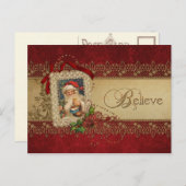 ヴィンテージサンタとポインセチアと金ゴールドレース シーズンポストカード (正面/裏面)