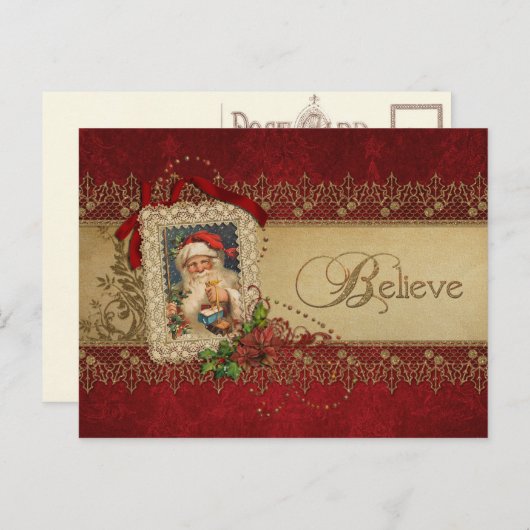 ヴィンテージサンタとポインセチアと金ゴールドレース シーズンポストカード (正面/裏面)