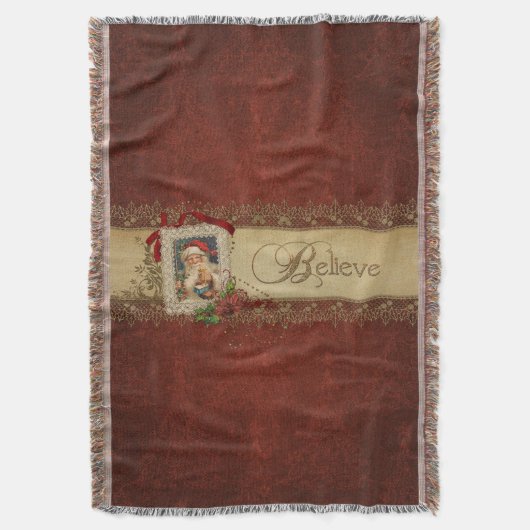 ヴィンテージサンタとポインセチアと金ゴールドレース スローブランケット (正面縦)