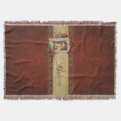 ヴィンテージサンタとポインセチアと金ゴールドレース スローブランケット (正面)