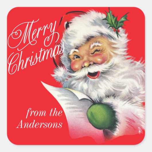 ヴィンテージサンタとリストカスタムクリスマスステッカー スクエアシール (正面)