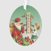 ヴィンテージサンタと女の子が電話で名前 オーナメント (正面)