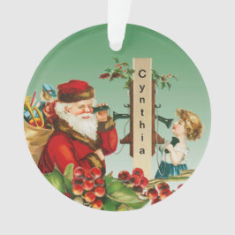 ヴィンテージサンタと女の子が電話で名前 オーナメント