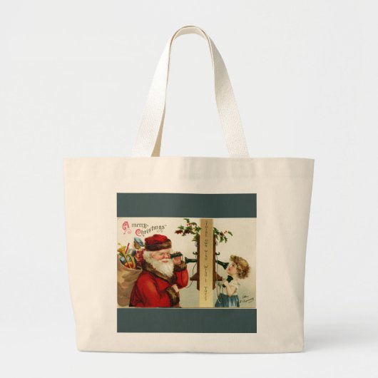 ヴィンテージサンタと女の子の電話 ラージトートバッグ (正面)